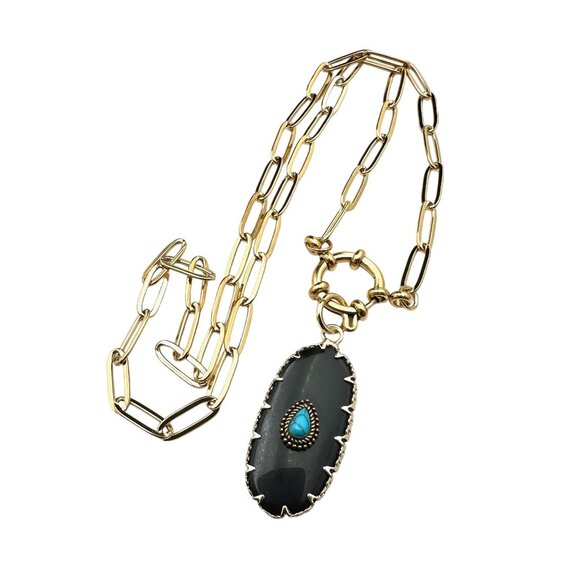 Black Onyx Turquoise Gemstone Pendant Necklace 18K Gold Plated Chain 17 Inch - Picture 3 of 9